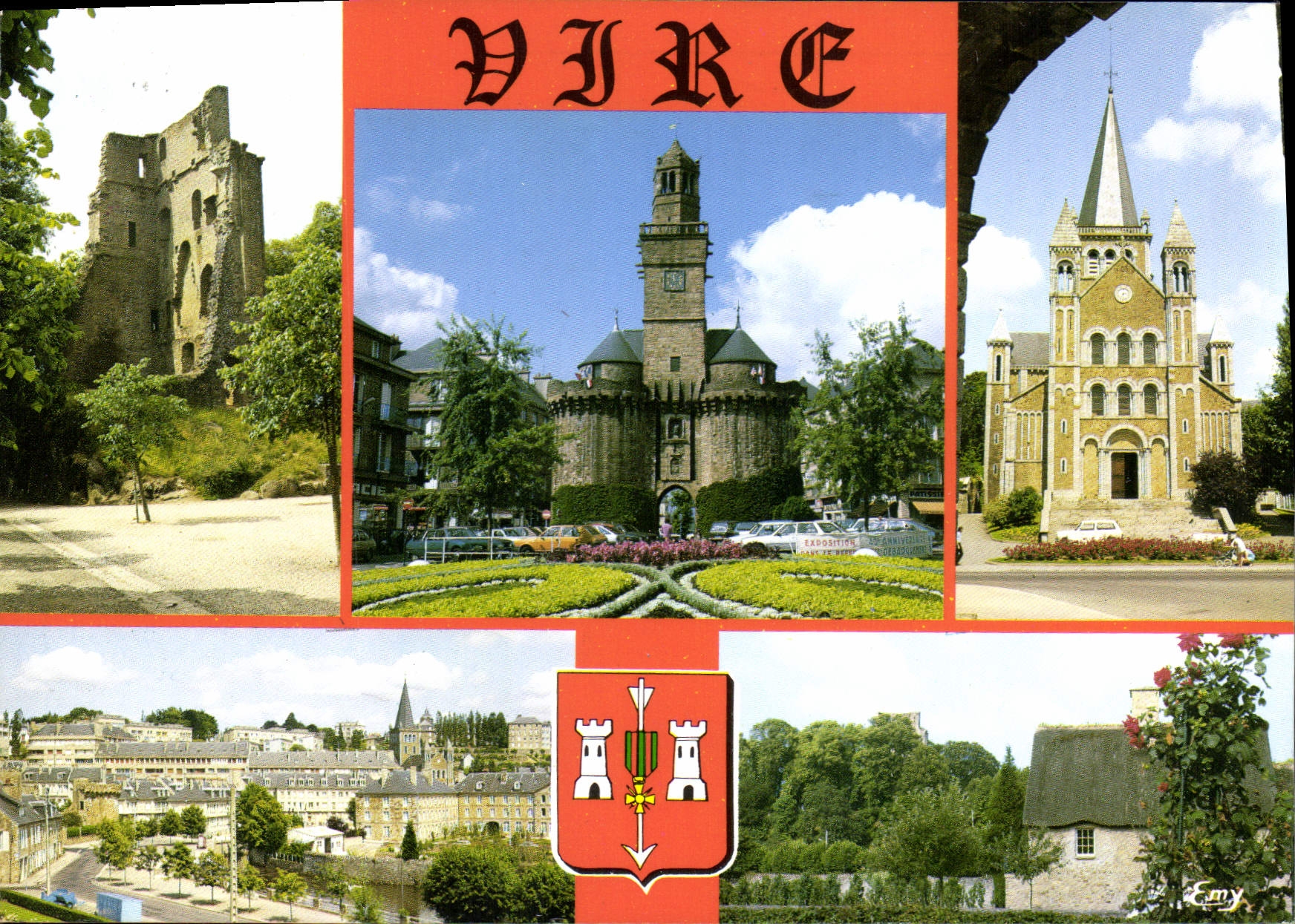 CPM Vire Calvados les ruines du vieux donjon la Porte Horloge L'Eglise Sainte Anne les bords de la V