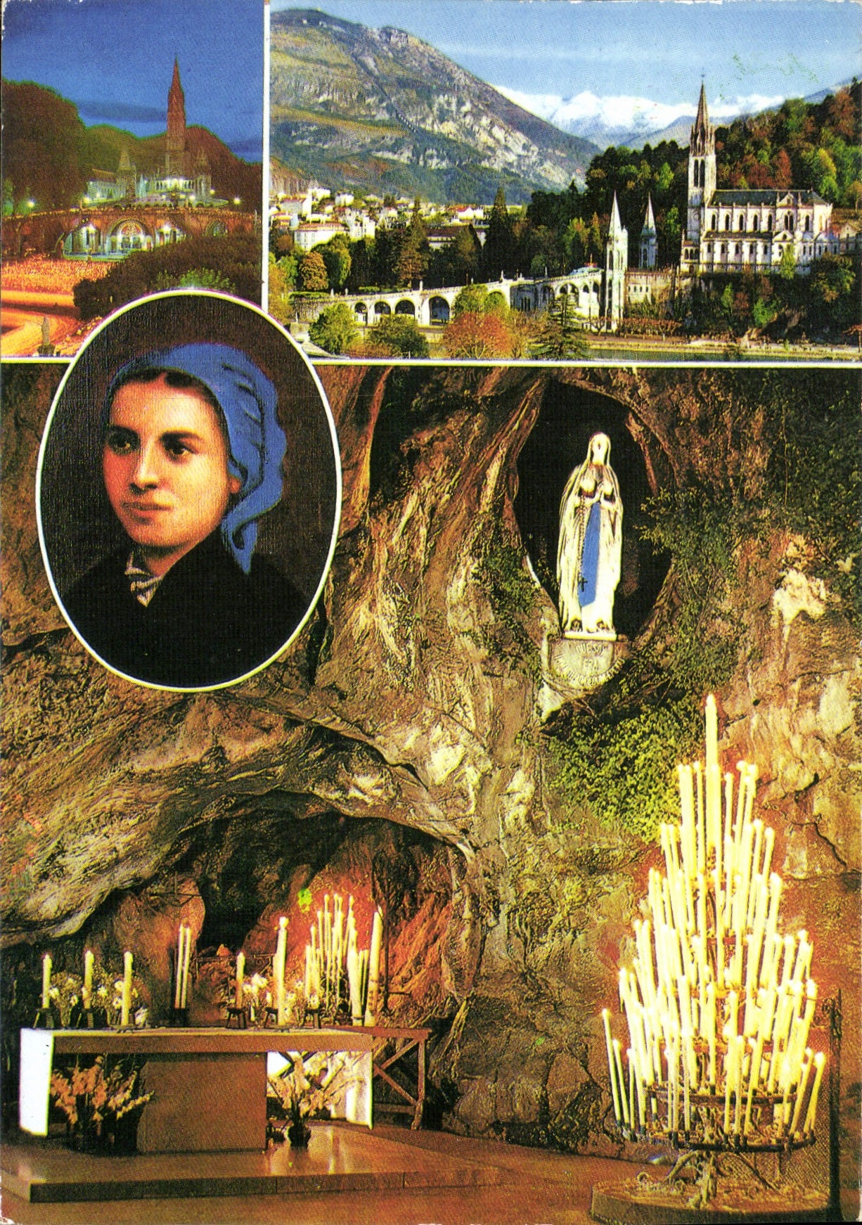 CPM La Grotte La Basilique et le portrait de Bernadette 