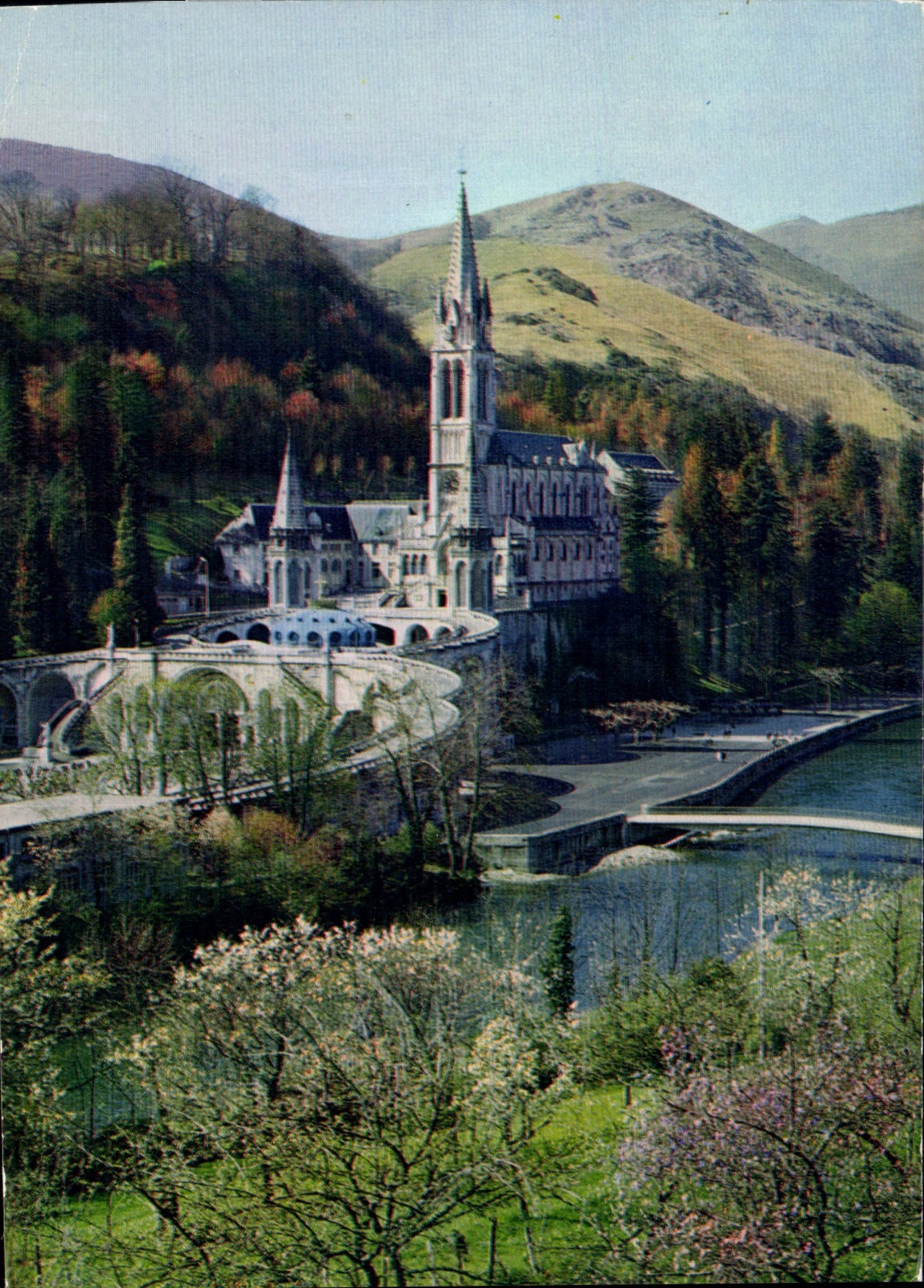 CPM Lourdes La basilique le Gave et le nouveau Pont inaugure le mars 1966 