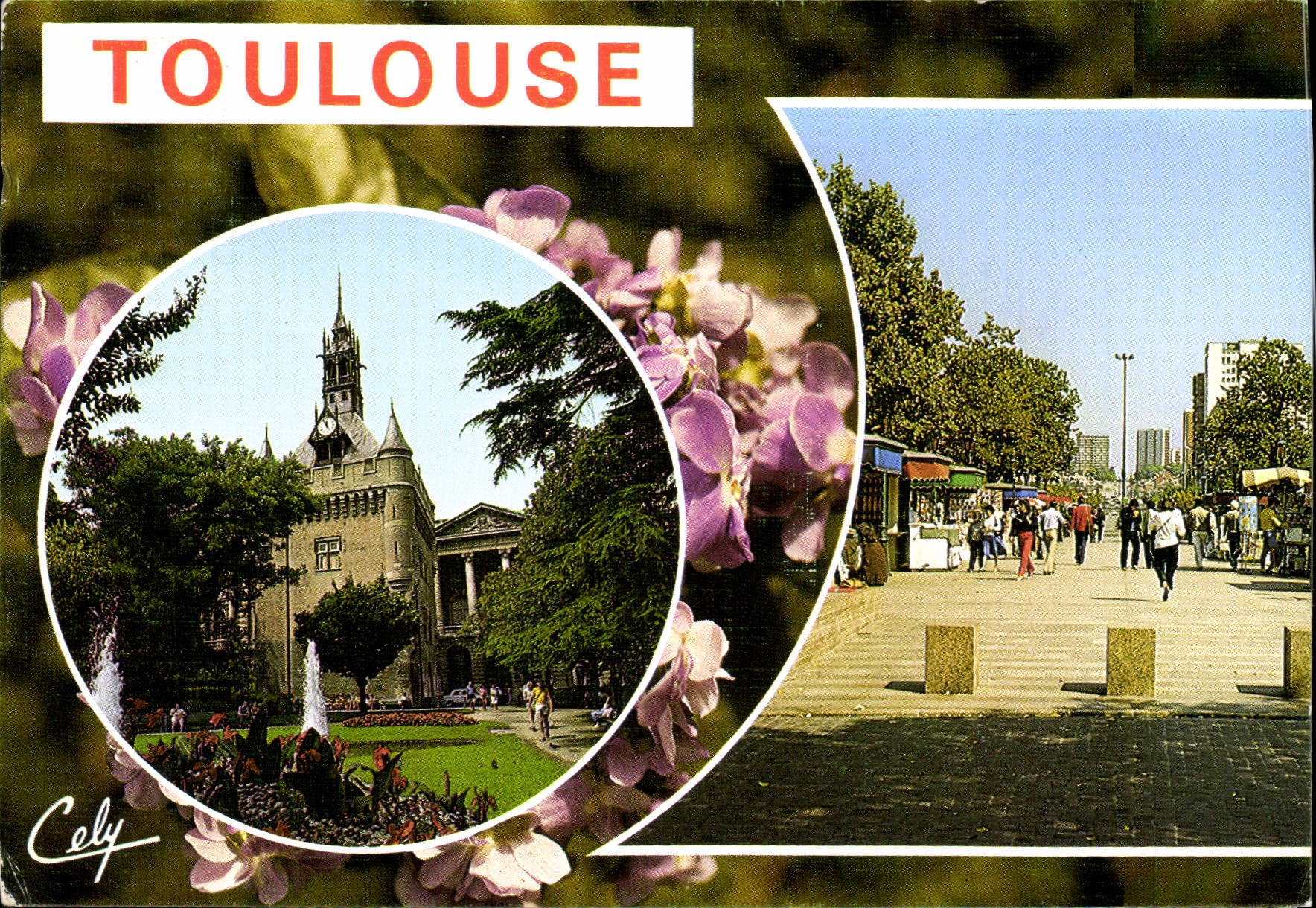 CPM Toulouse Sur un fond de Violettes Le Donjon du Capitole et les Allees F Rooswelt 