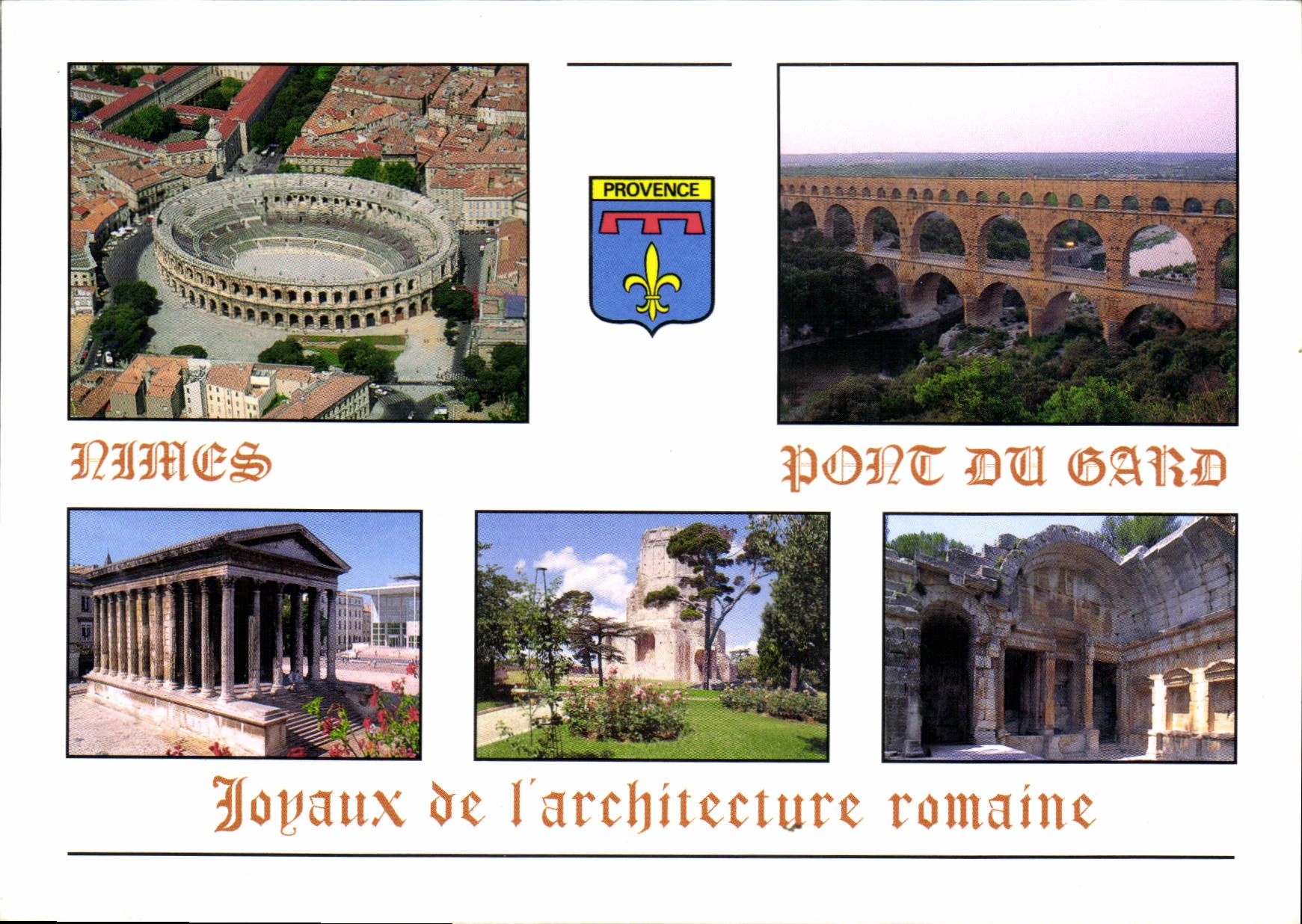 CPM Joyaux de l'architecture Romaine Nimes les arenes la tour Magne le Temple de Diane le Pont du Ga