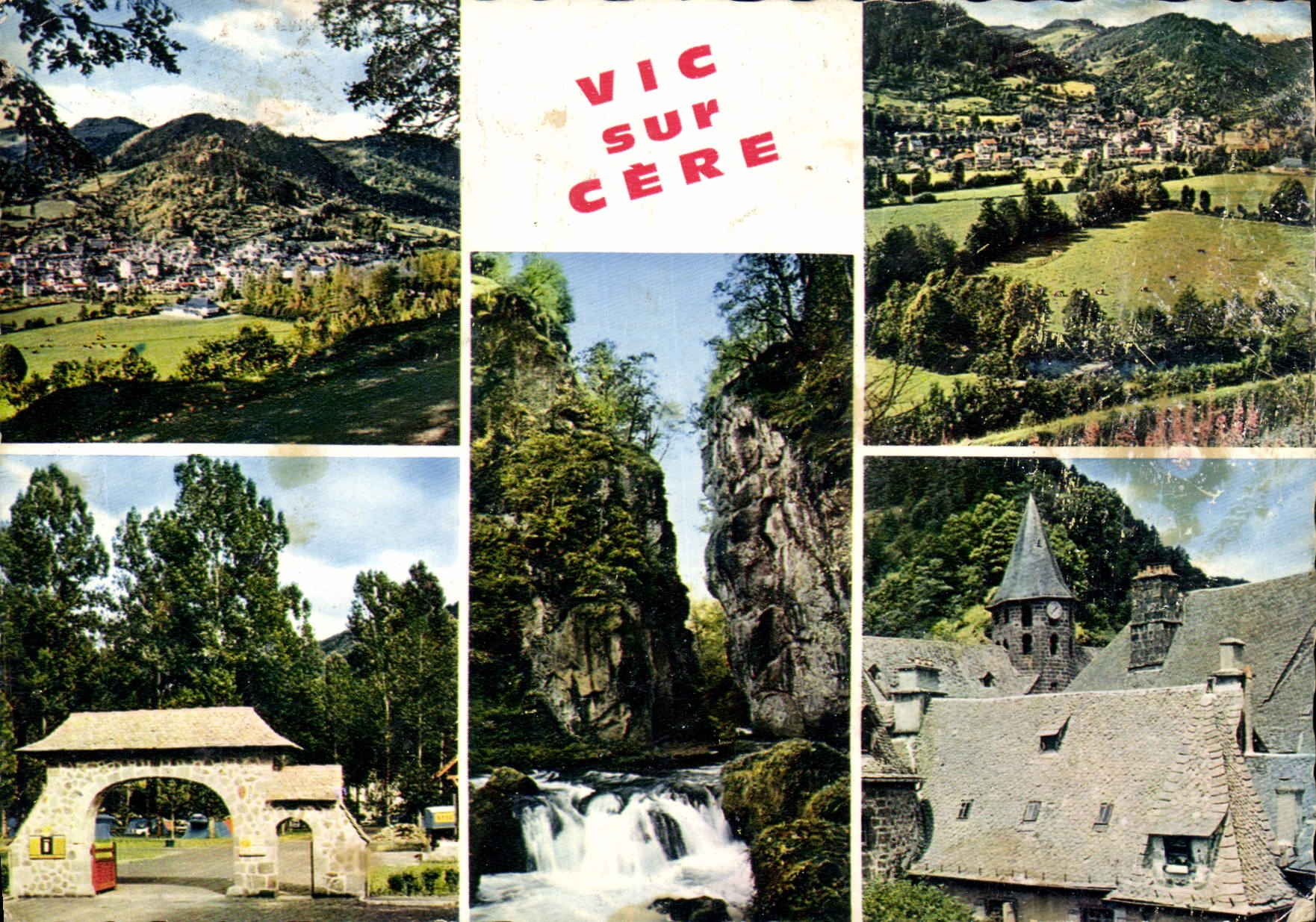CPM Vic sur Cere Vues generales Entree du camping Le pas de Cere L'eglise