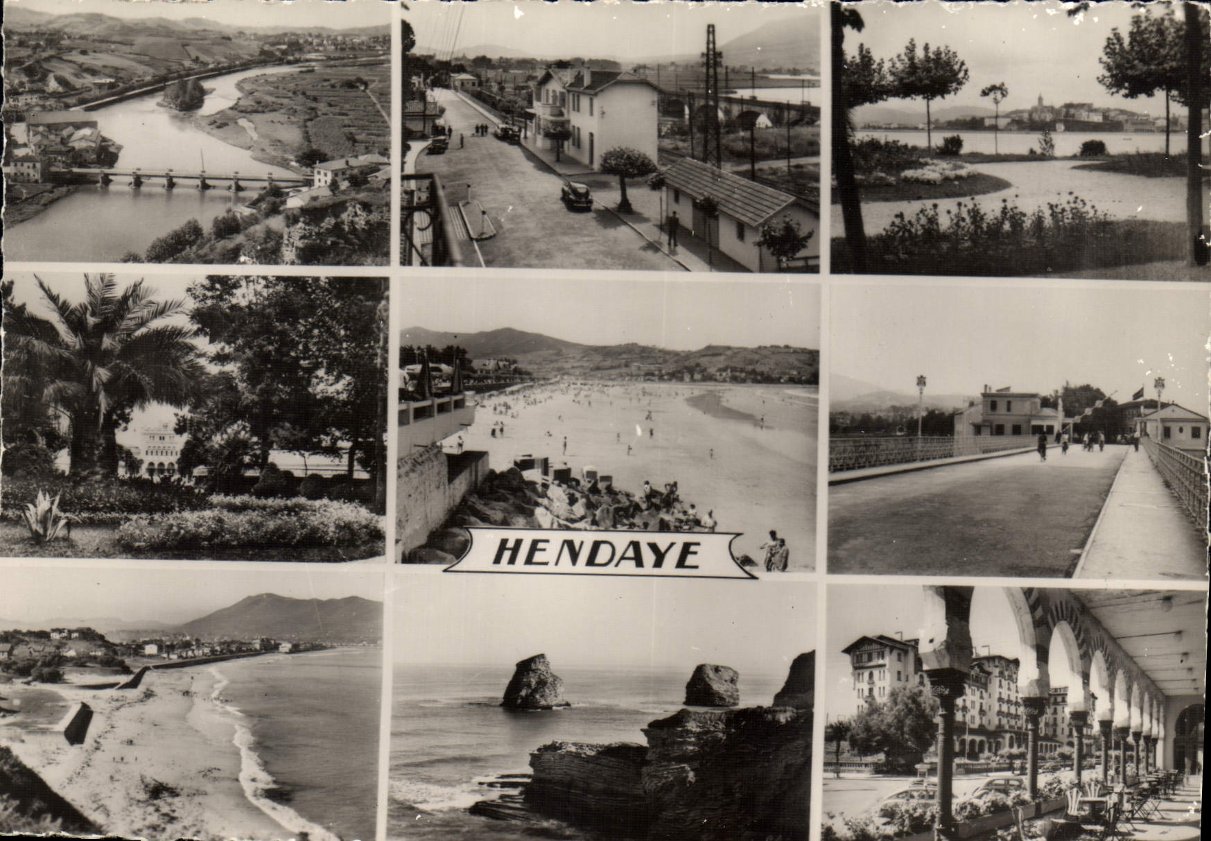 CPM Hendaye de G a D Pont International la Frontiere Franco Espagnole Fontarabie Jardin au fond le c