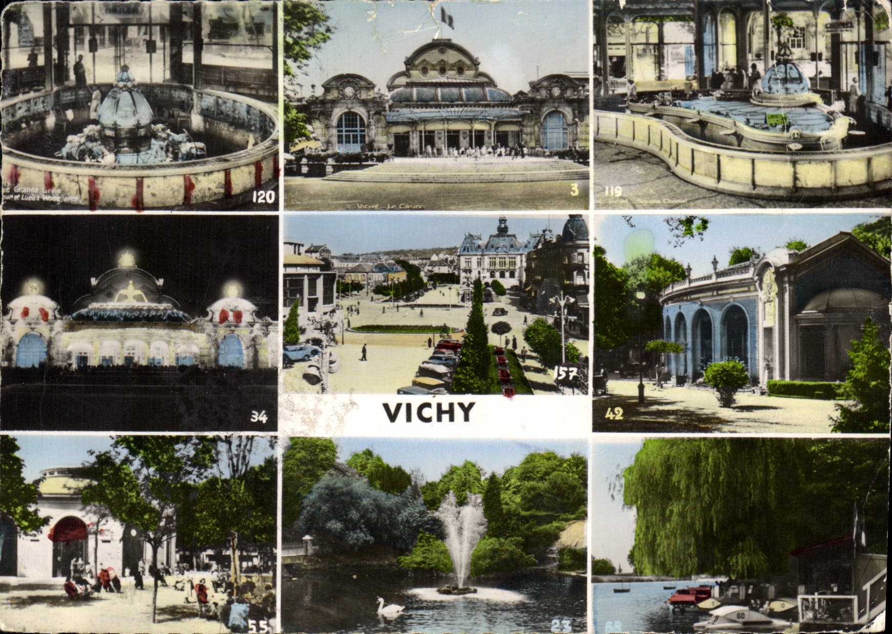 CPM Vichy Source Grande Grille le Casino source Chomel le Casino la nuit Place de l'Hotel de Ville S