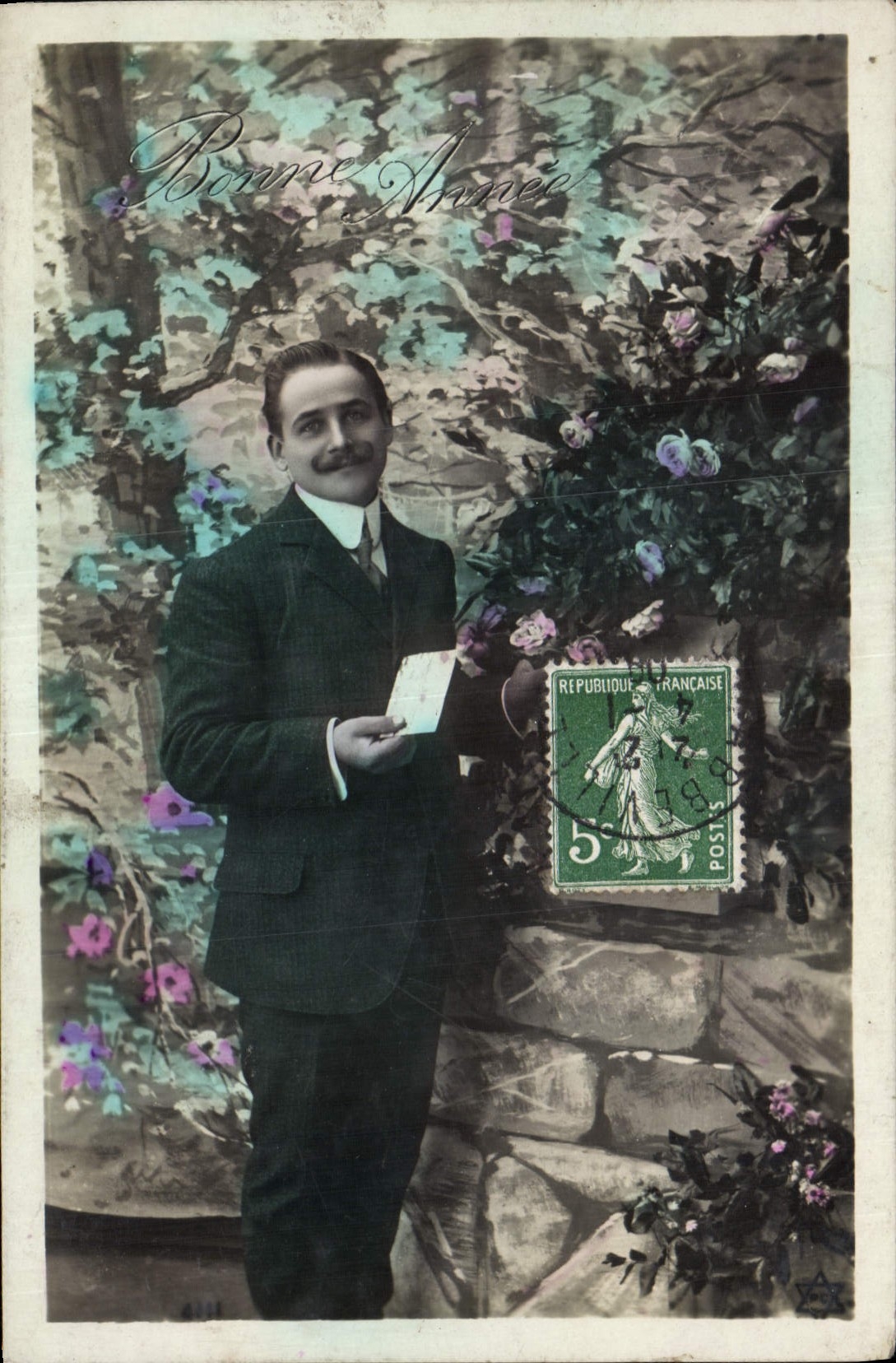 CPA Bonne Annee Homme Fleurs