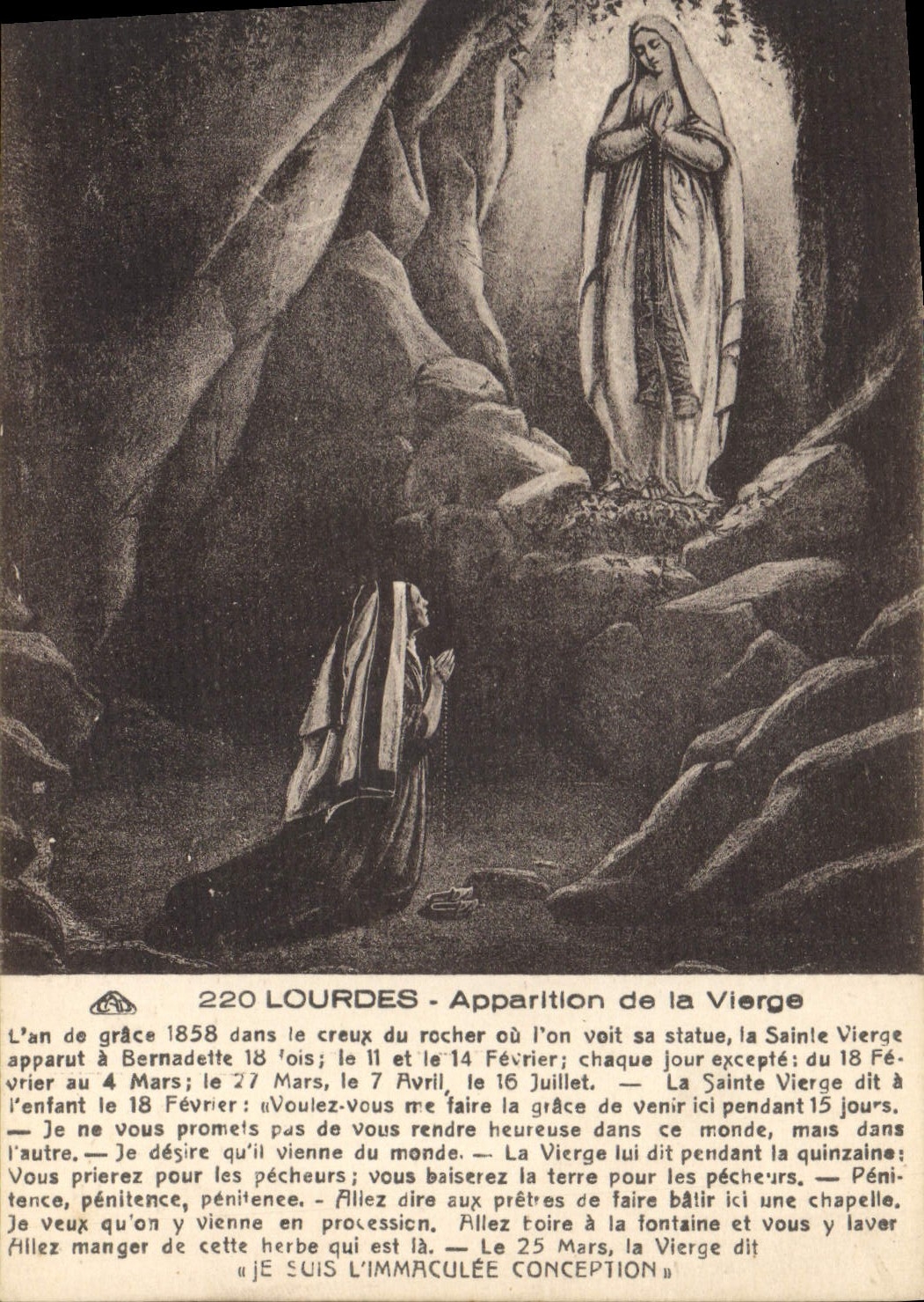 CPA Lourdes Apparition de la Vierge l'an de grace 1858 dans le creux du rocher ou l'on voit sa statu