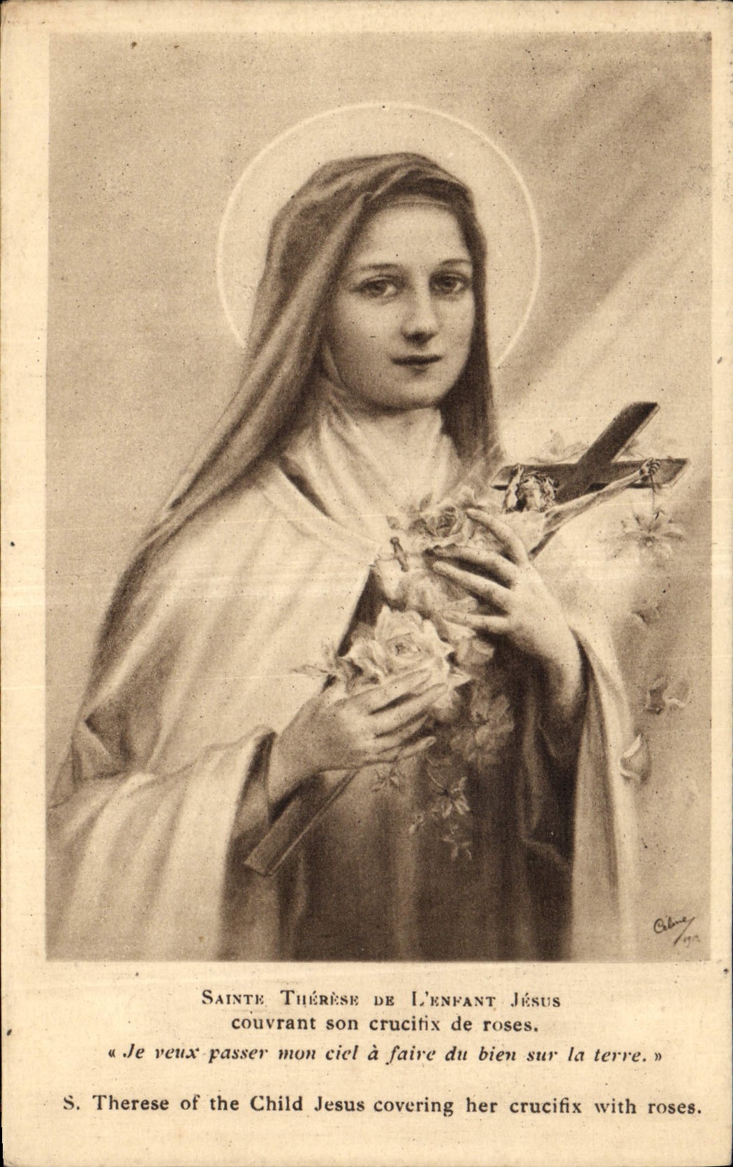 CPA Sainte Therese de l'enfant Jesus couvrant son crucifix de roses 