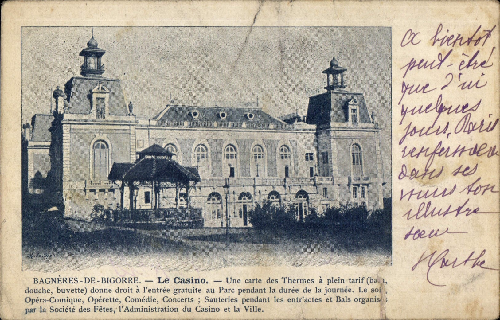 CPA Bagneres de Bigorre le Casino une carte des Thermes a plein tarif 