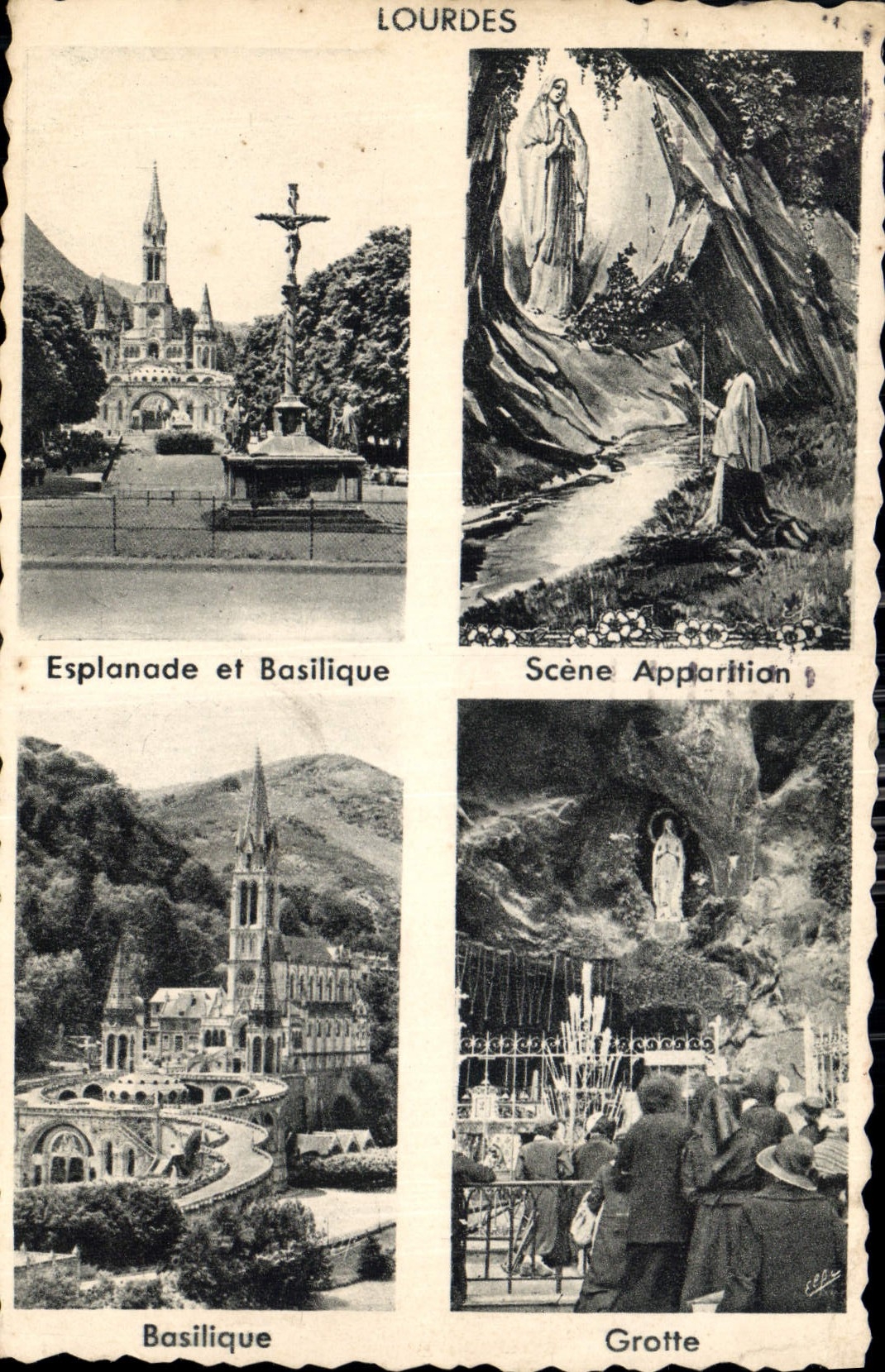 CPA Lourdes Esplanade et Basilique Scene Apparition Basilique Grotte 