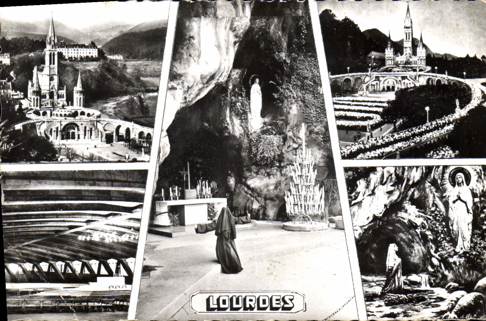 CPA Lourdes la Basilique la grotte la Procession aux Flambeaux la Basilique Souterraine l'Apparition