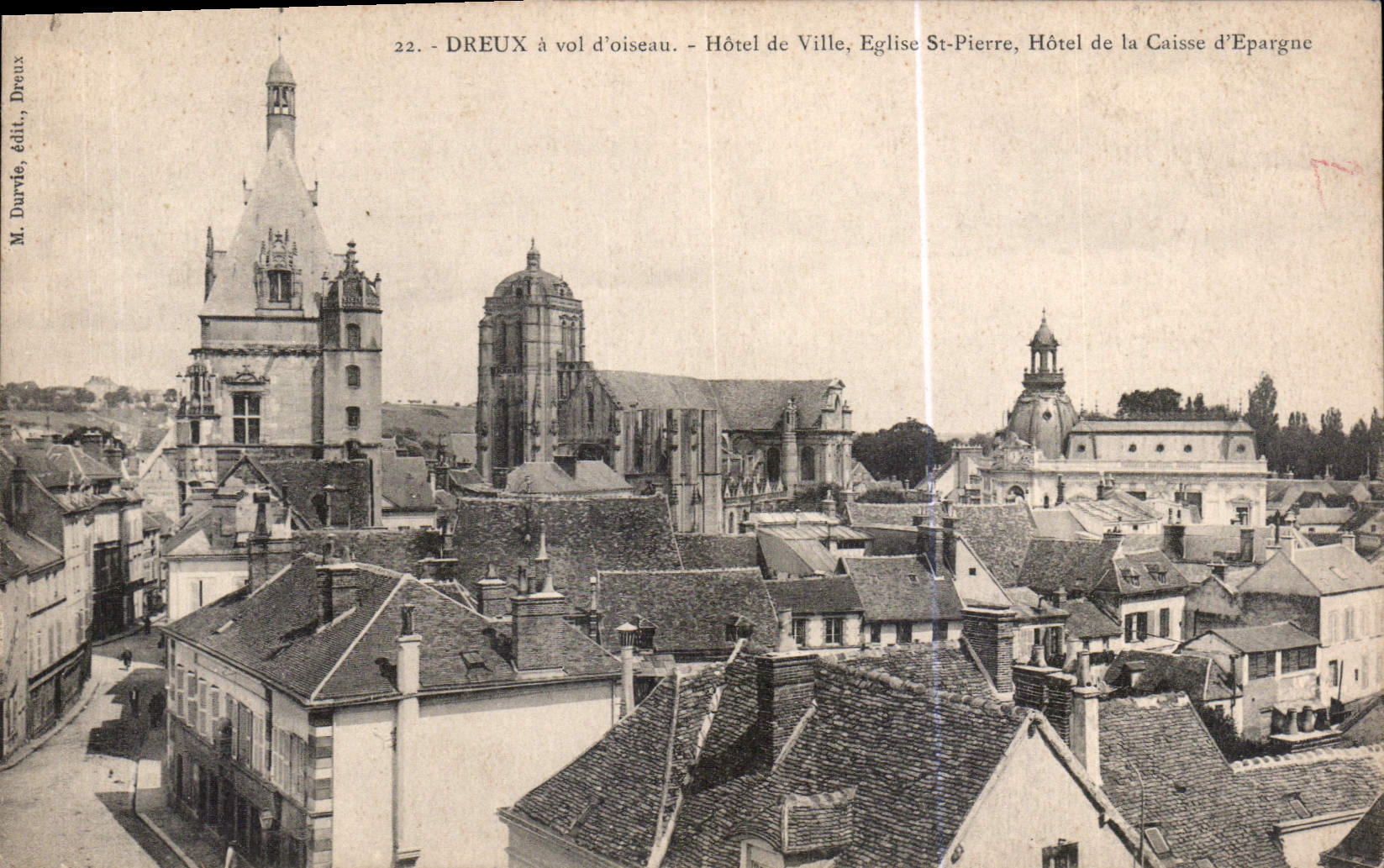 CPA Dreux a vol d'oiseau Hotel de Ville Eglsie St Pierre Hotel de la Caisse d'Espargne