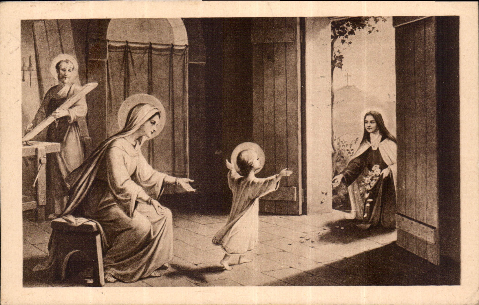 CPA Ste Therese de l'Enfant Jesus fetant des fleurs sous les pas de l'Enfant Jesus 