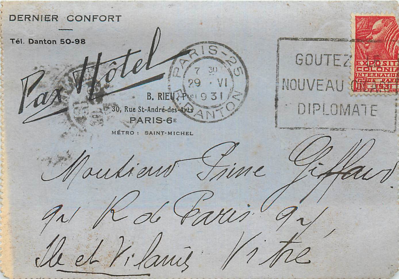 Entier Postal Pax hotel Rue St Andre des Arts Paris 6eme