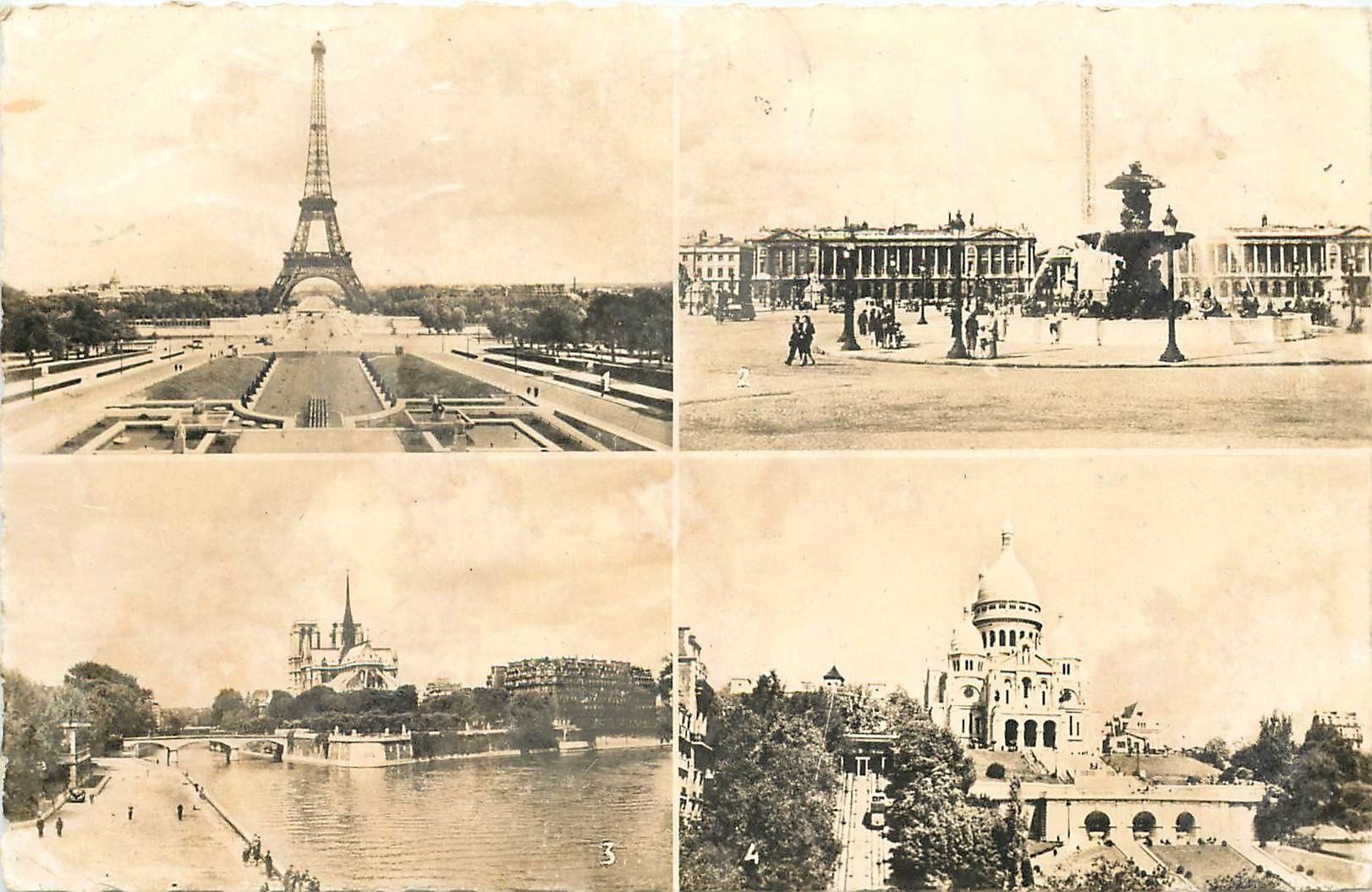CPA Paris La Tour Eiffel Place de la Concorde Notre Dame Le Sacre Coeur