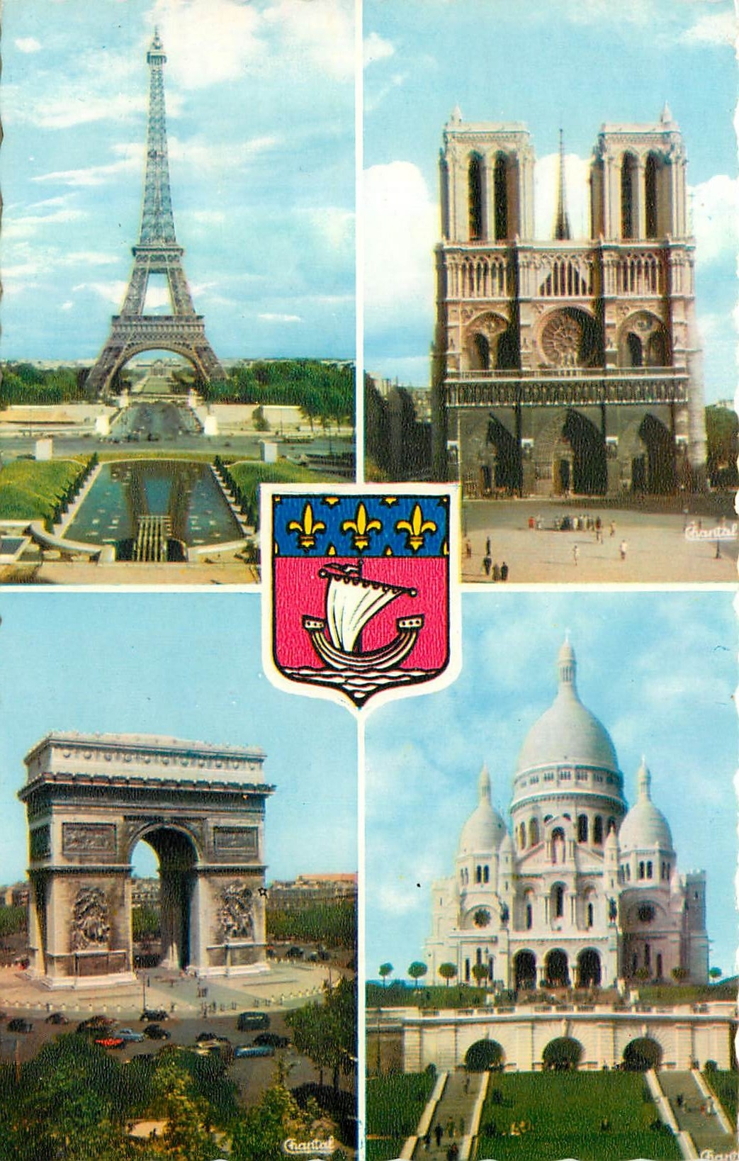 CPA Paris La Tour Eiffel Notre Dame Arc de triomphe Sacre Coeur 