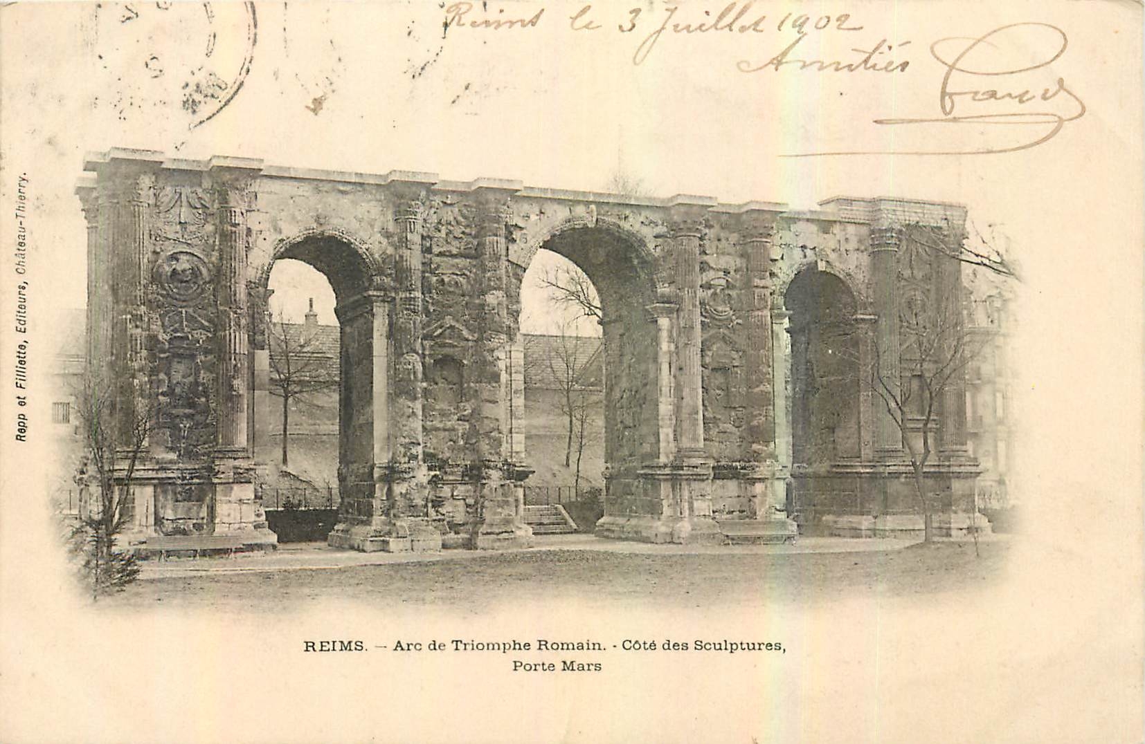 CPA Reims Arc de Triomphe Romain cote des Sculptures porte Mars