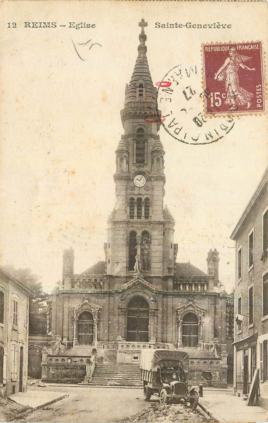 CPA Reims Eglise sainte Genevieve Camion 