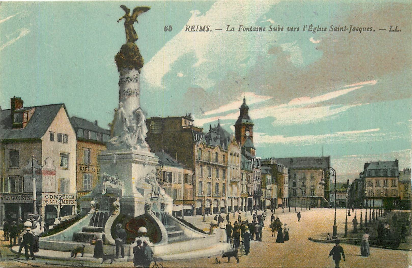 CPA Reims La Fontaine Sube vers l'Eglise Saint Jacques Comptoir de la Comete