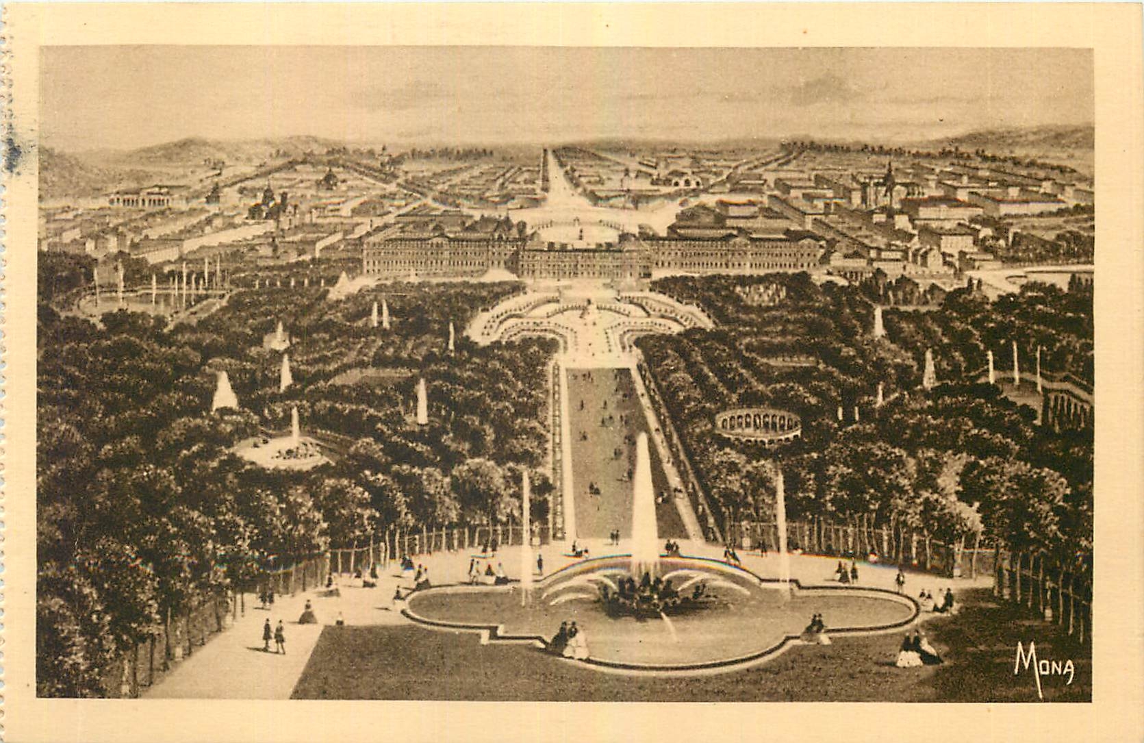 CPA Les Petits Tableaux de Versailles Le Chateau et les Jardins de Versailles vus a vol d'oiseau