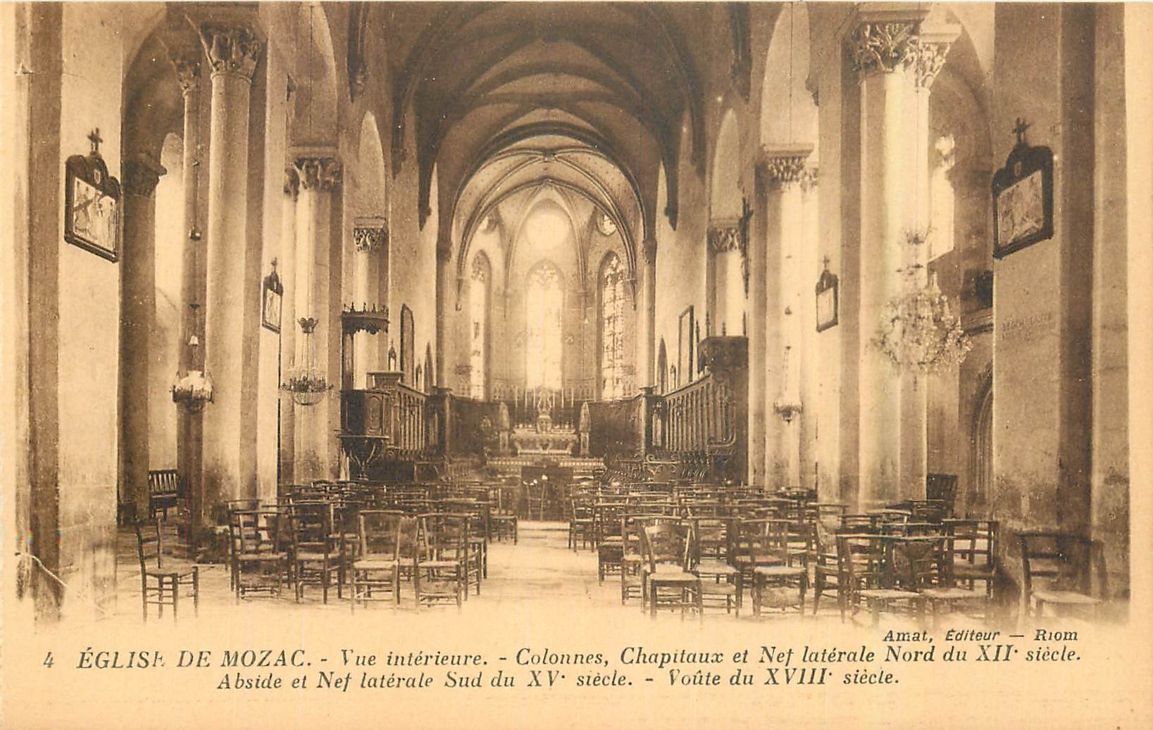CPA Eglise de Mozac Vue interieure Colonnes Chapitaux et Nef laterale Nord Abside et Nef laterale Su
