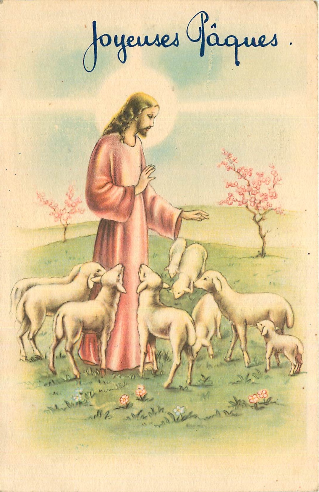 CPA Joyeuses Pâques Christ Moutons