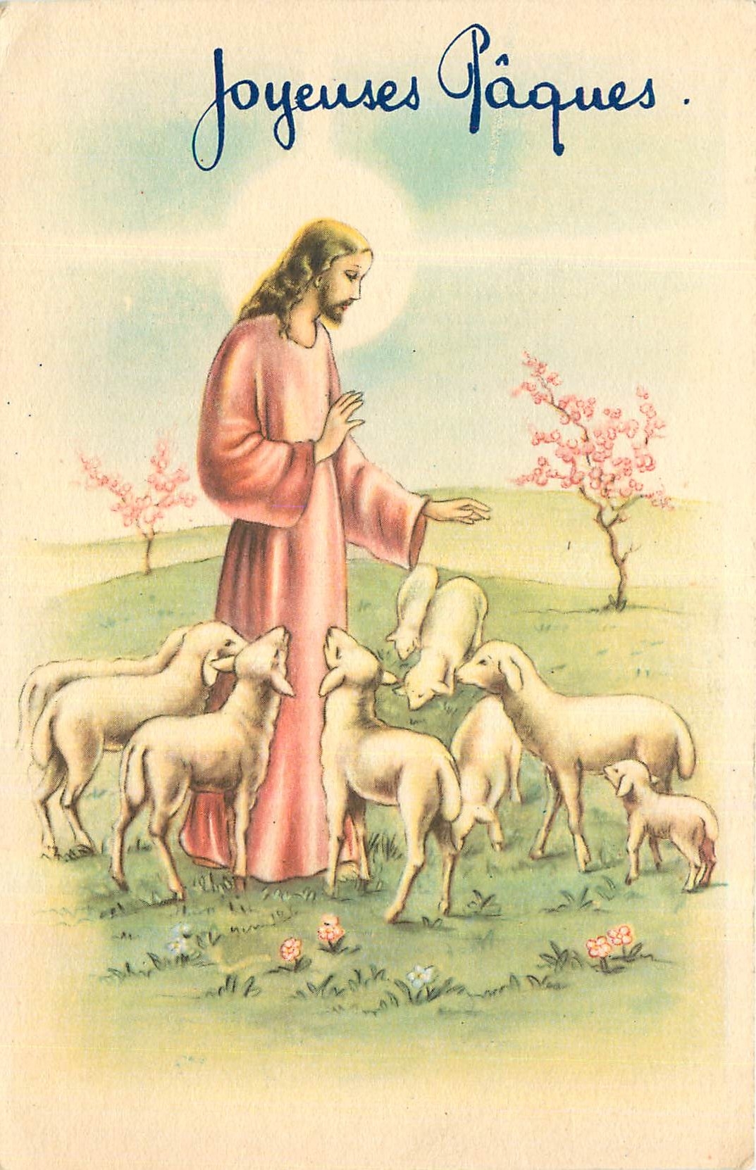CPA Joyeuses Pâques Christ Moutons
