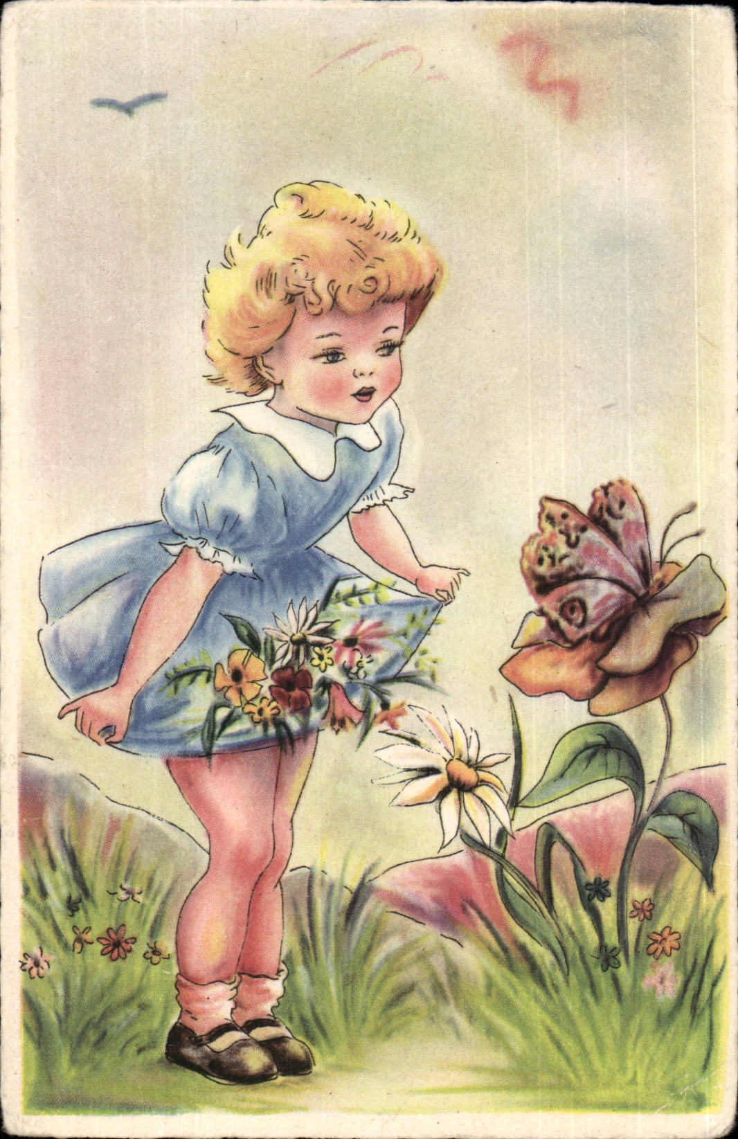 CPA Fantasy Child and flowers Butterfly Butterfly