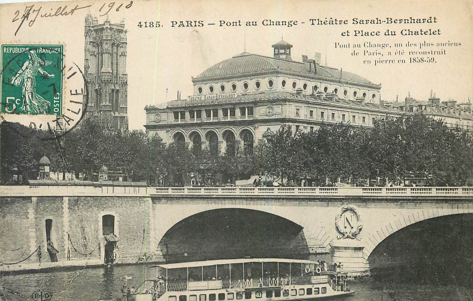 CPA Paris Pont au Change Theatre Sarah Bernhardt et Place du Chatelet