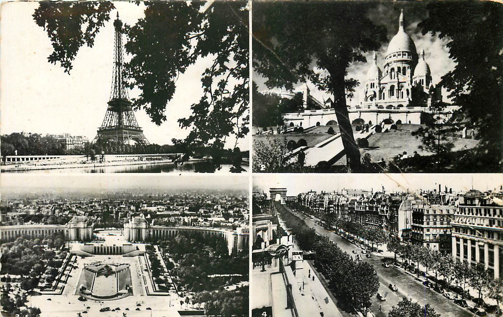 CPA Paris La Tour Eiffel Le Sacre Coeur Le Palais de Chaillot l'Avenue des Champs Elysees