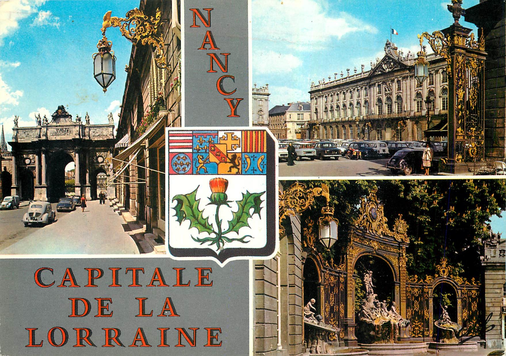 CPM Nancy Meurthe et Moselle La Rue Here et l'arc de triomphe l'hotel de ville La fontaine de Naptun