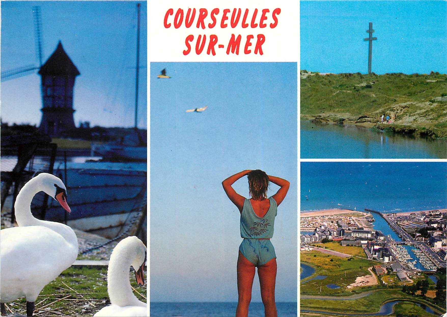 CPM Courseulles sur Mer Calvados Le moulin et les cygnes La croix de Lorraine entre Courseulles et G