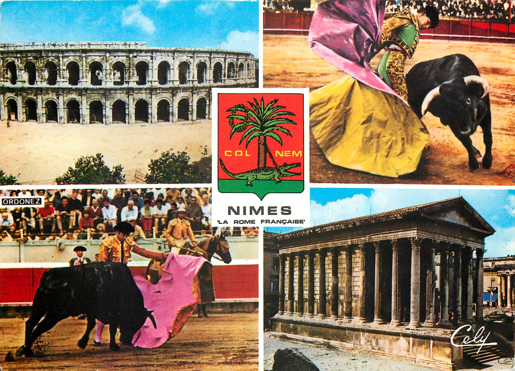CPM Nimes Gard Les Arenes Amphitheatre La Maison Carree Musee des Antiques Deux phases de Corrida Ta