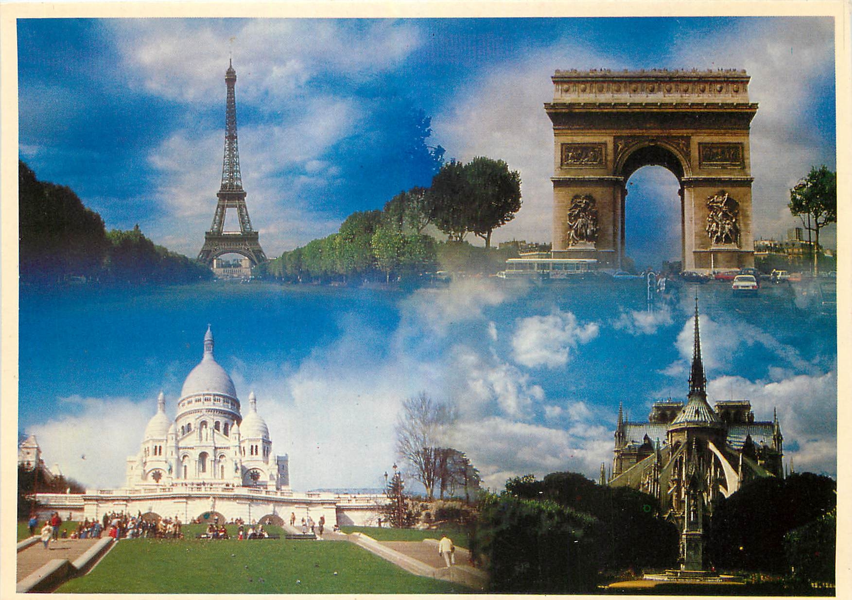 CPM Paris La Tour Eiffel L'Arc de Triomphe Le Sacre Coeur et la nef de Notre Dame
