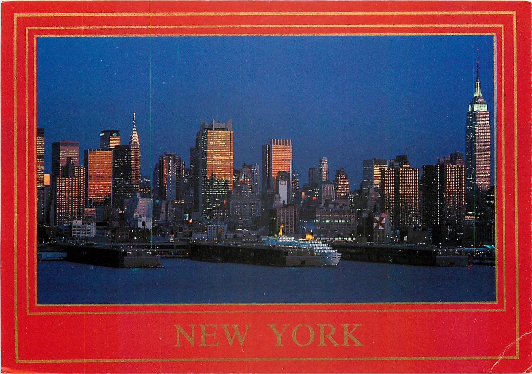 CPM New York City at night Midtown Manhattan Skyline and Hudson River Piers