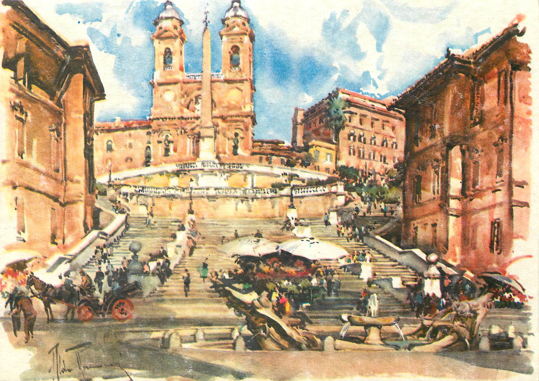 CPM Rome Place d'Espagne et Eglise de la Trinite des Monts