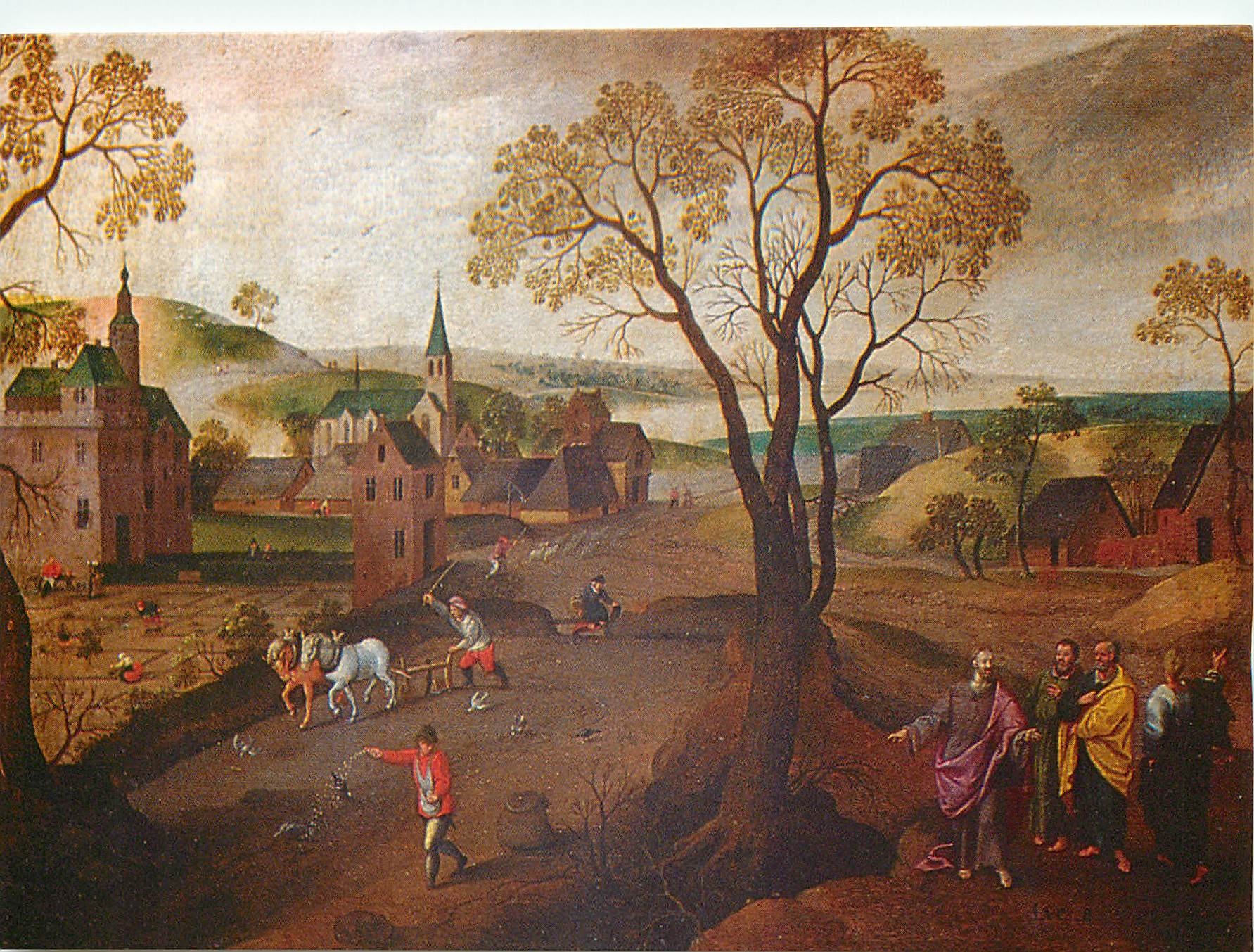 CPM Chapelle N D de Montfaucon d'Abel Grimer Ecole flamande XVIe s Avril Semailles de printemps