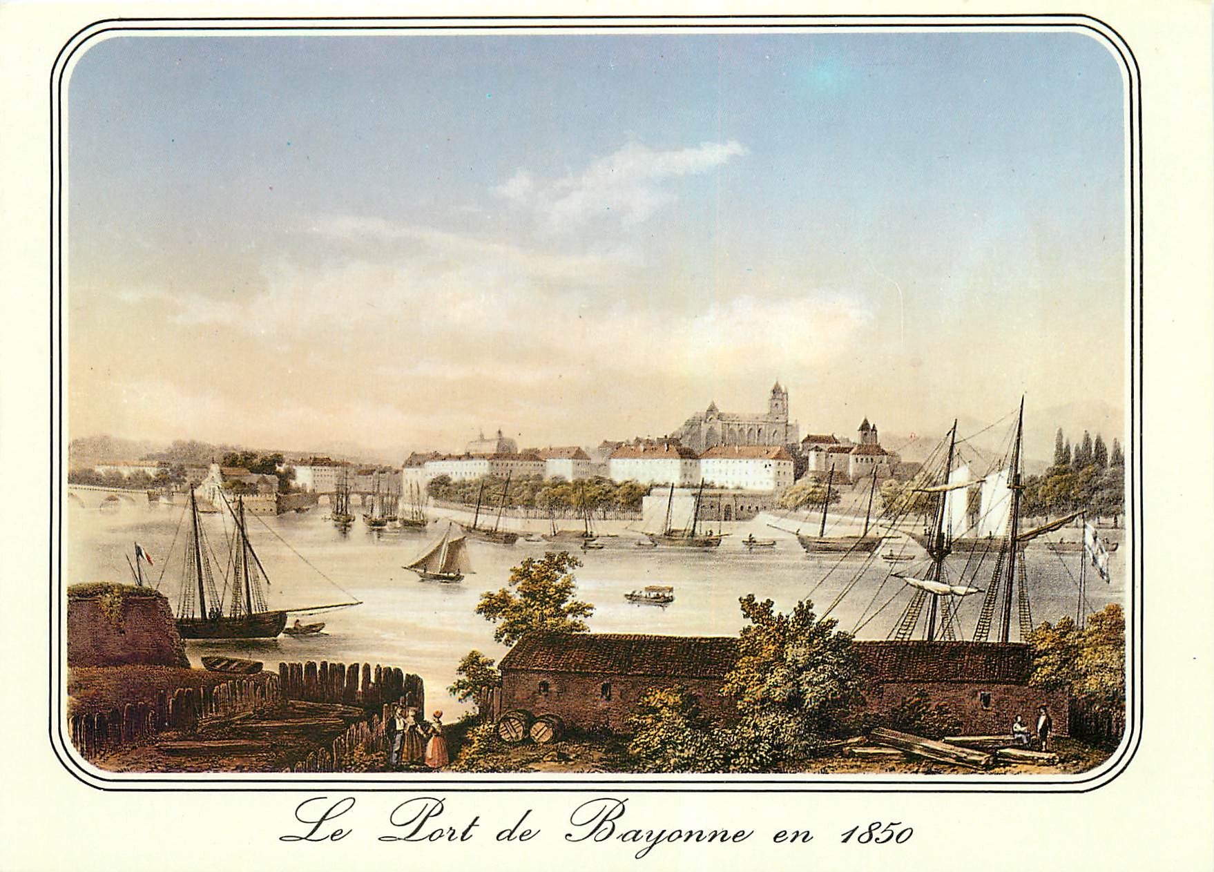 CPM Bayonne Vieille gravure de 1850 Le Port de Bayonne avec la Cathedrale 