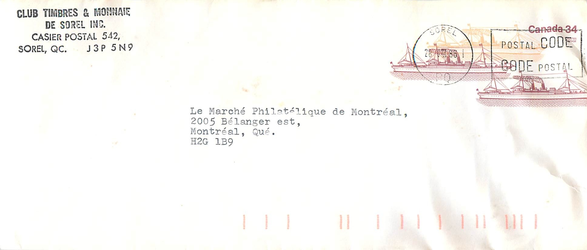 Entier Postal Postal Stationary Canada Bateaux Bateau Sorel