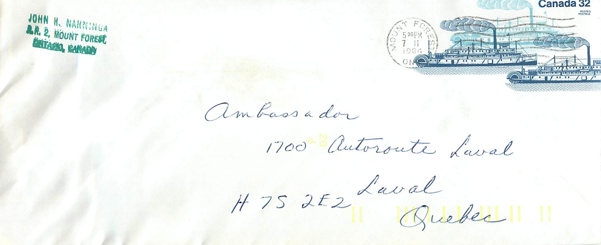 Entier Postal Postal Stationary Canada Bateaux Bateau Mount Forest
