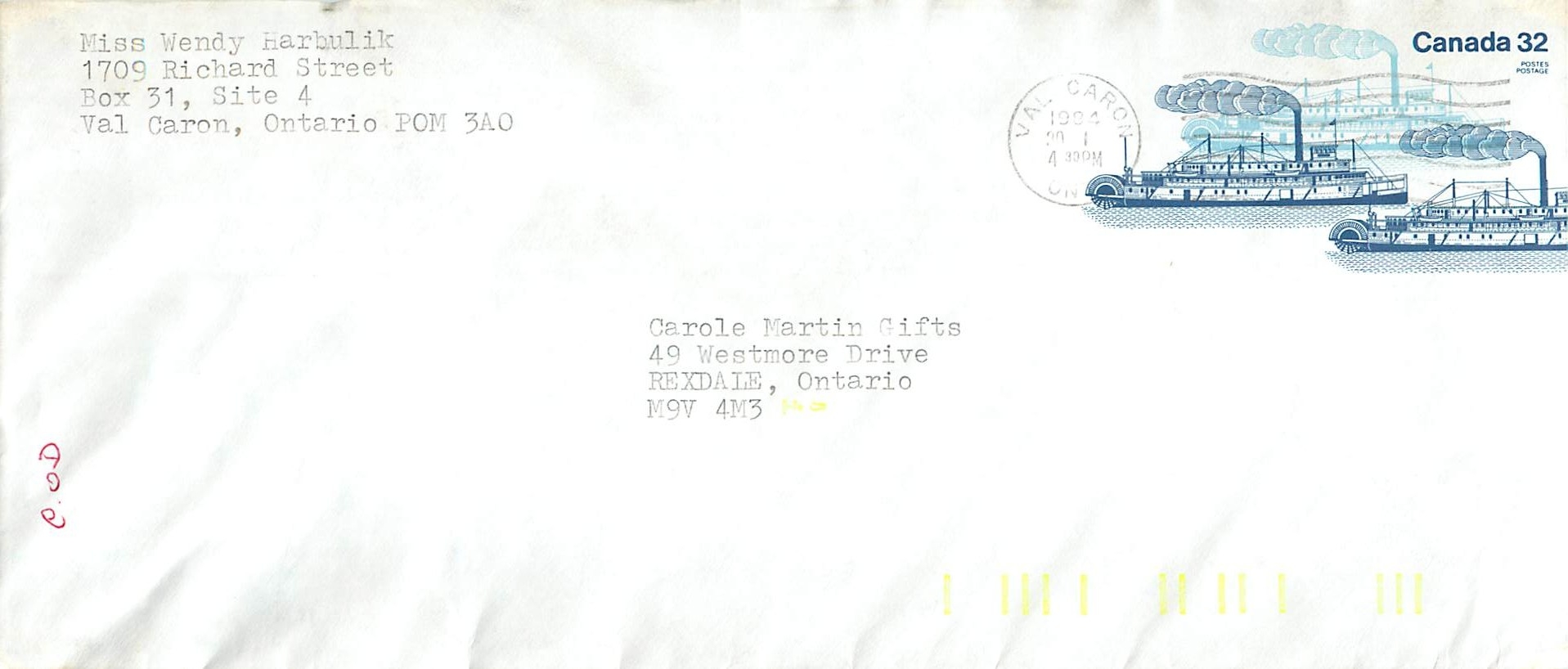 Entier Postal Postal Stationary Canada Bateaux Bateau Val Caron