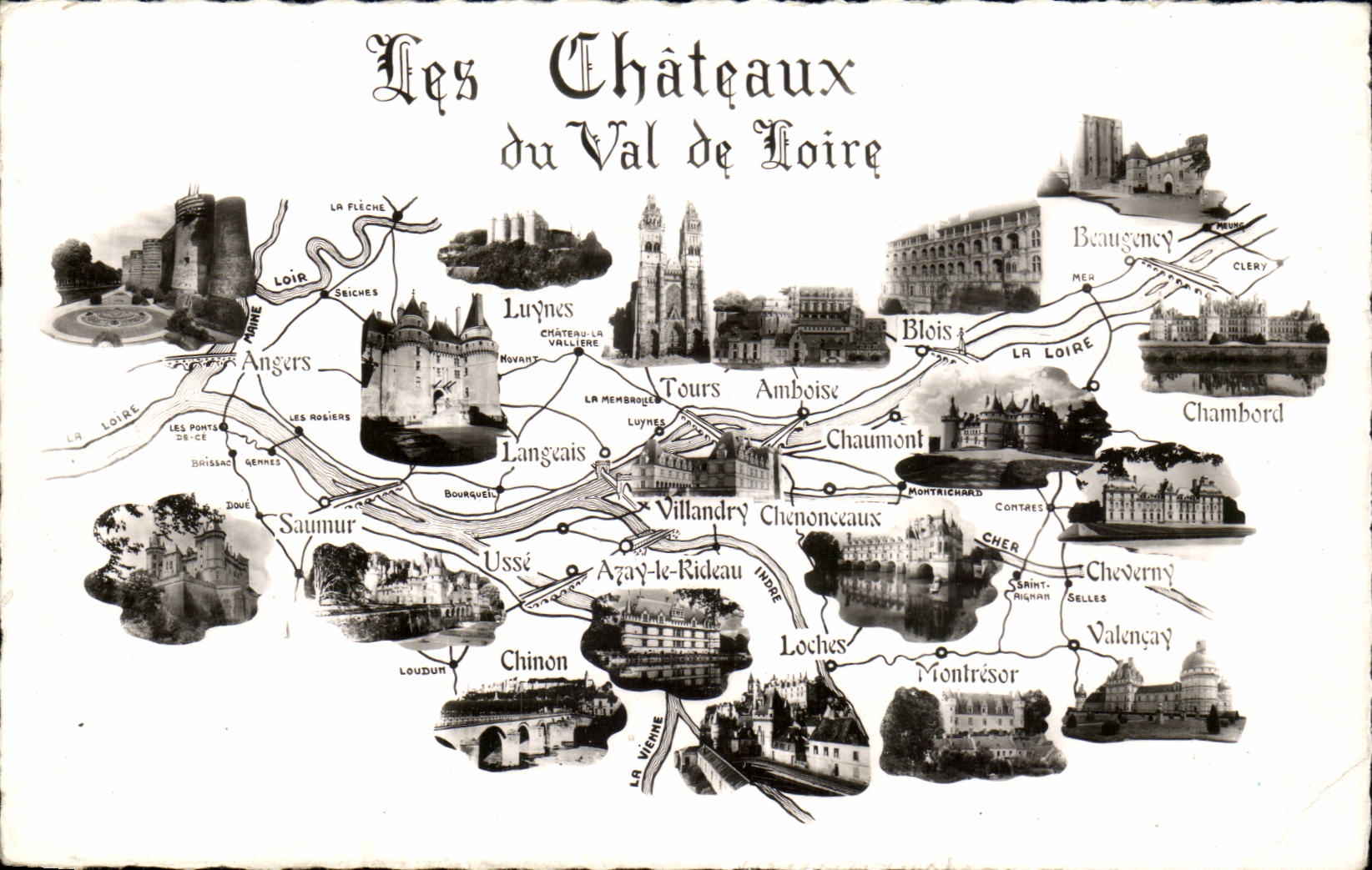 MODERN CARD castles of the Loire Valley Amboise Angers Saumur Loaches Chambord Valencay Blois Tours Montresor Worn