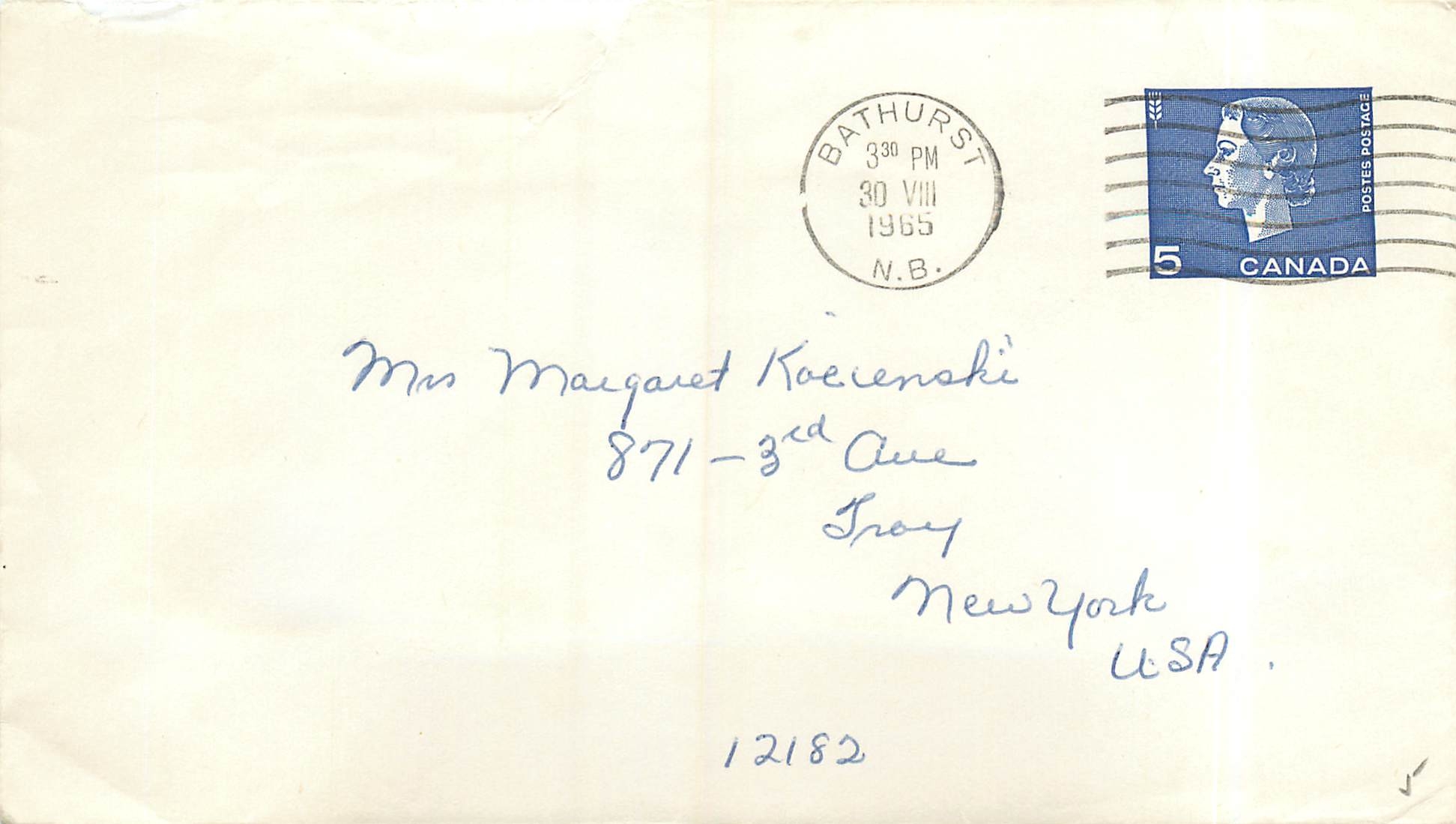Postal stationary Canada 5c Bathurst for New York 1965
