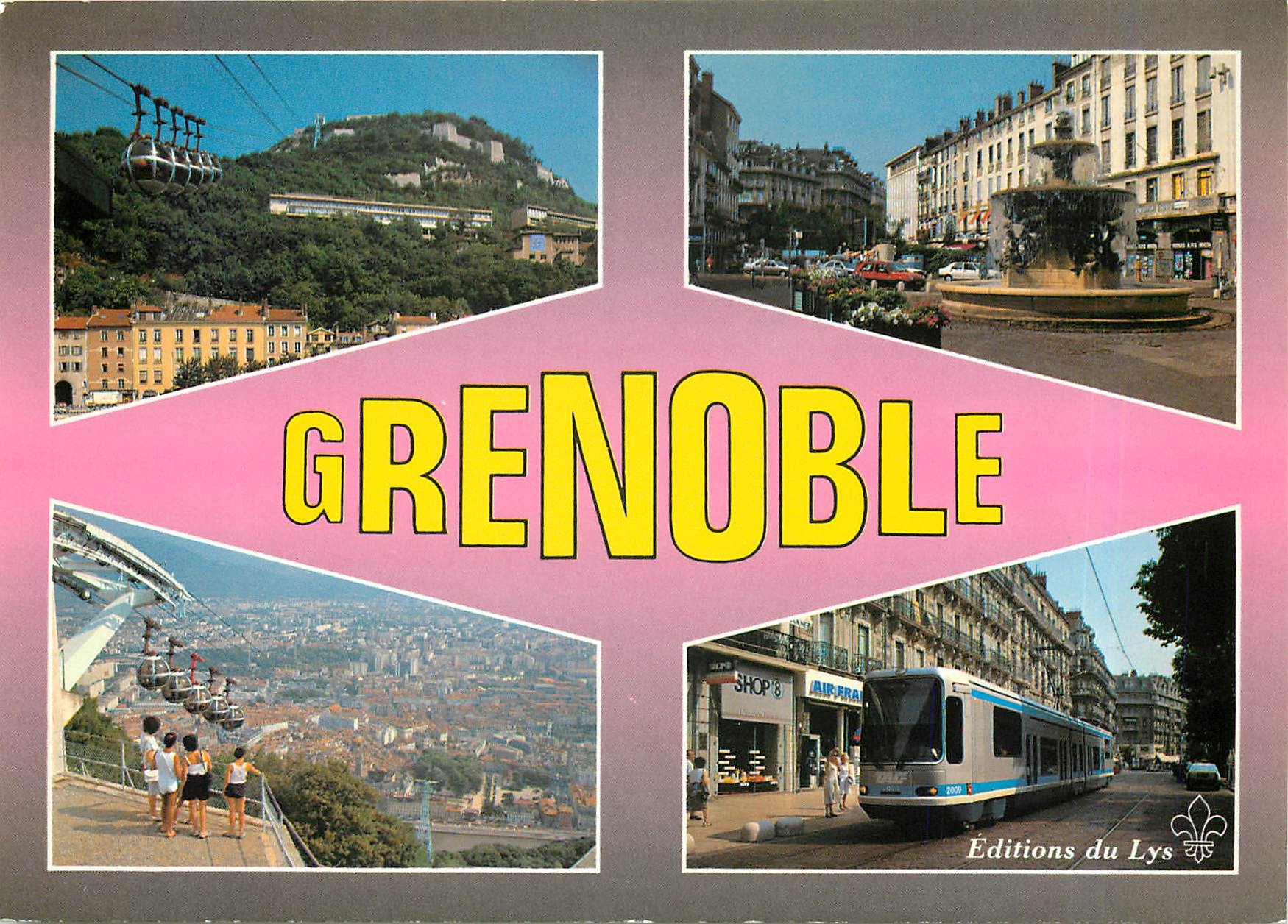 CPM Grenoble Le teleferique de la Bastille La place Grenette Vue generale depuis la Bastille Le tram