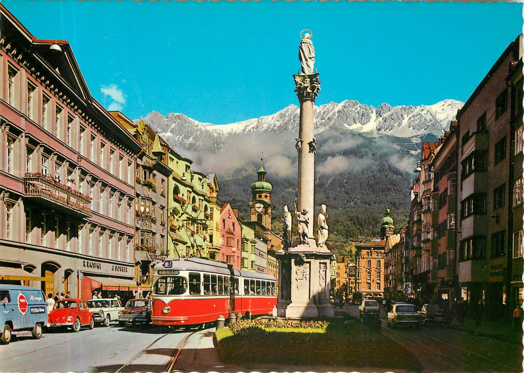 CPM Alpenstadt Innsbruck Tirol Maria Theresien Strasse mit Annastaule gegen die Nordkette