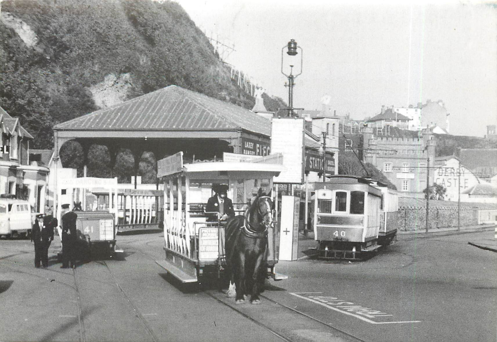 CPM Douglas Derby Castle. Horse trams on the left and the Manx Electric Railway on the right. 31st. 