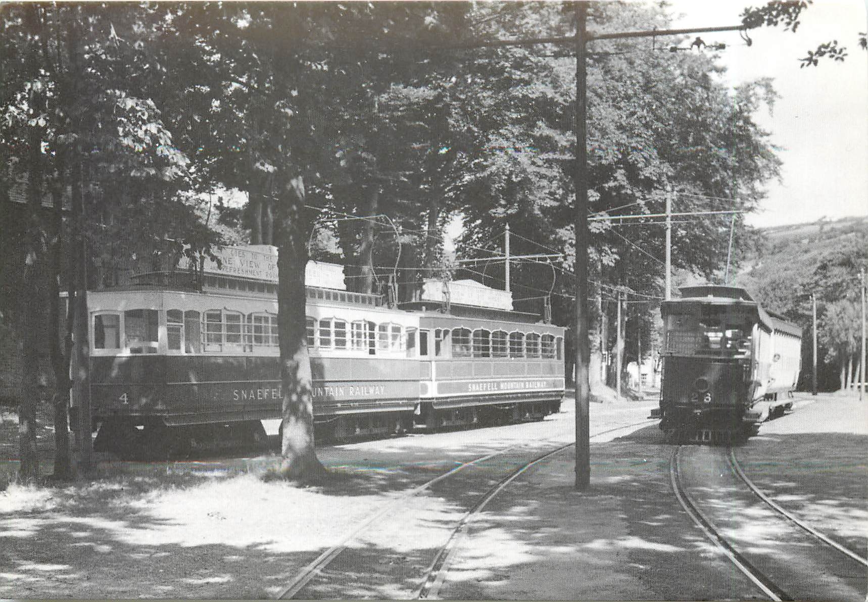 CPM Laxey Station with Snaefell mountain cars on the left and the Manx Electric train on the right.