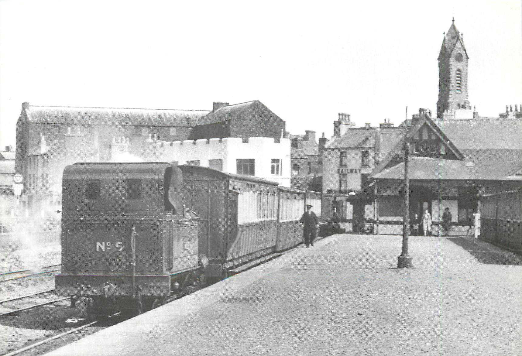 CPM Engine No.5 "Mona" built in 1874 with a train for St. Johns at Peel. 17th. August 1959