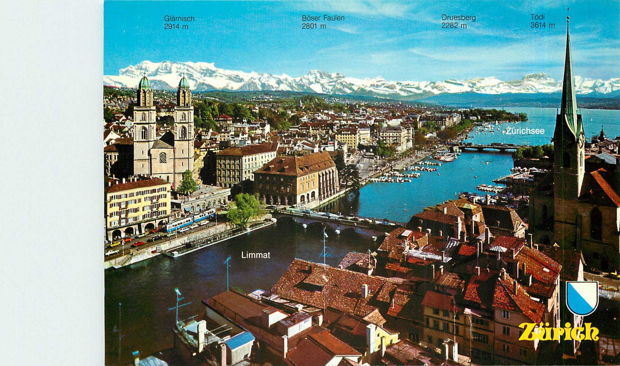 CPM Zurich mit Grossmunster Wasserkirche Limmat Frauenmunster und den Alpen