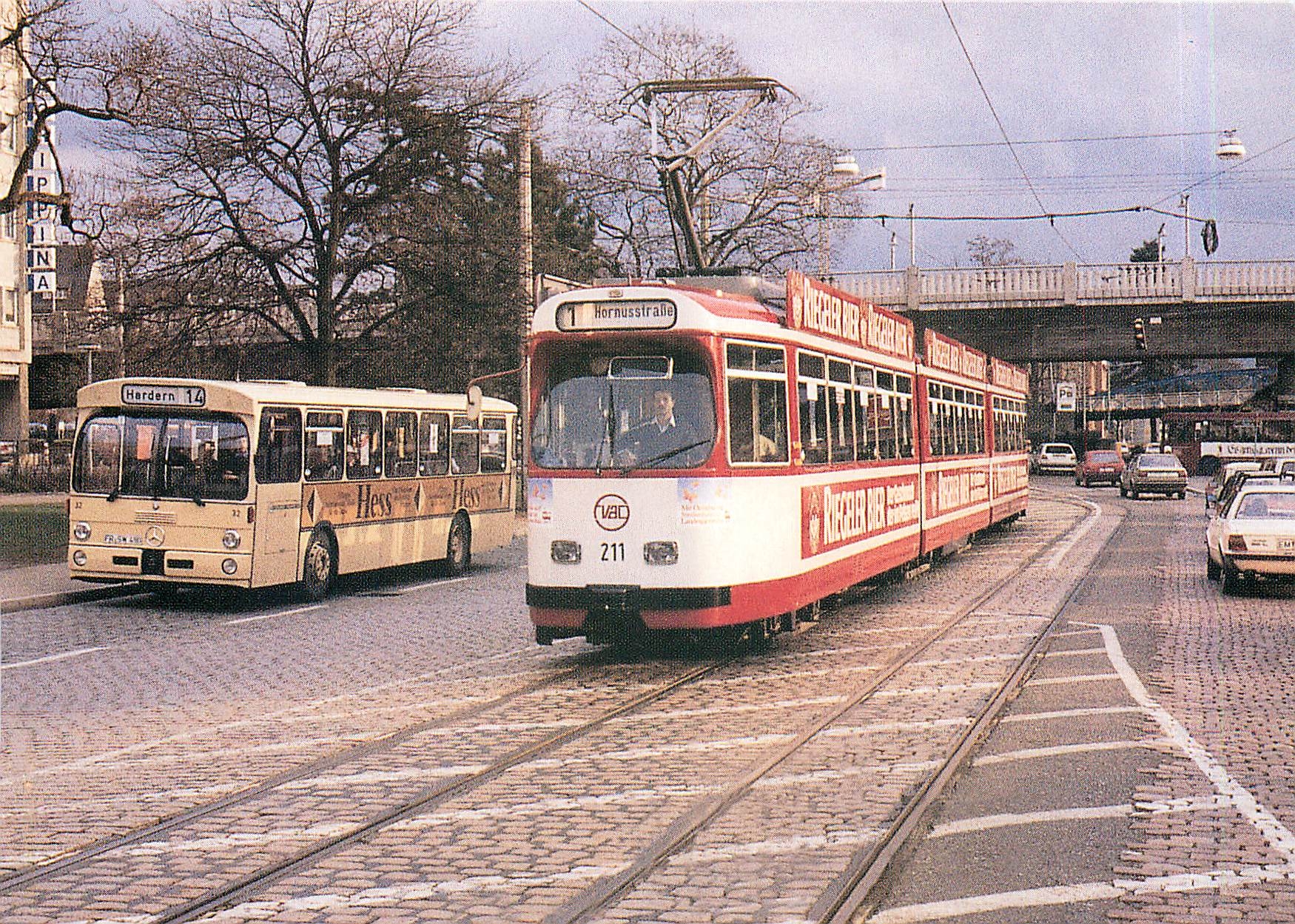 CPM Freiburger StrabBenbahn  Bismarckallee vor dem alten Hauptbahnhof 17 4 1986