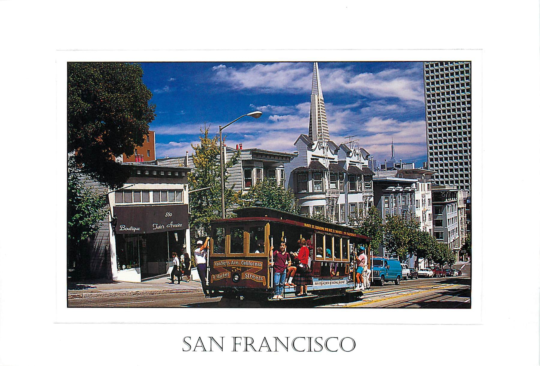 CPM San Francisco cable car continues up California Street toward Van Ness